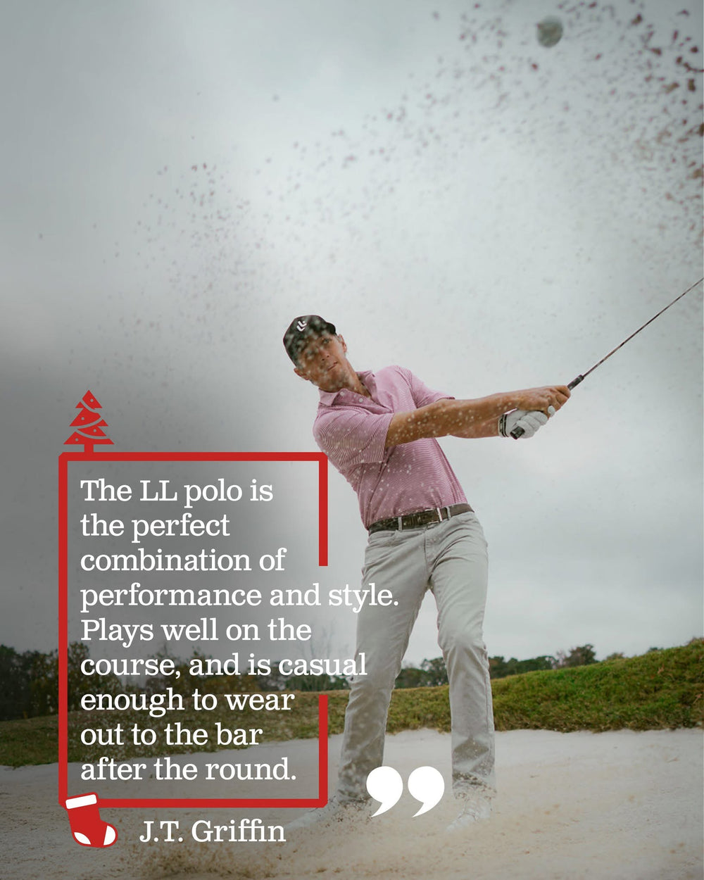 J.T. Griffin hitting a bunker shot in a Louis Lloyd hat